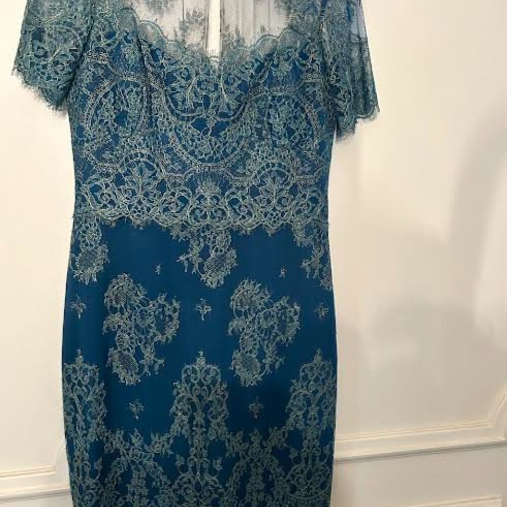 Incredible Marchesa Notte Sheath Eyelash Teal Lace Cocktail Dress - Picture 12 of 14
